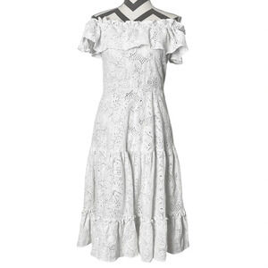 Isolda Eyelet Dress Size Small 4 Off The Shoulder Ruffled White Midi Lace Flare